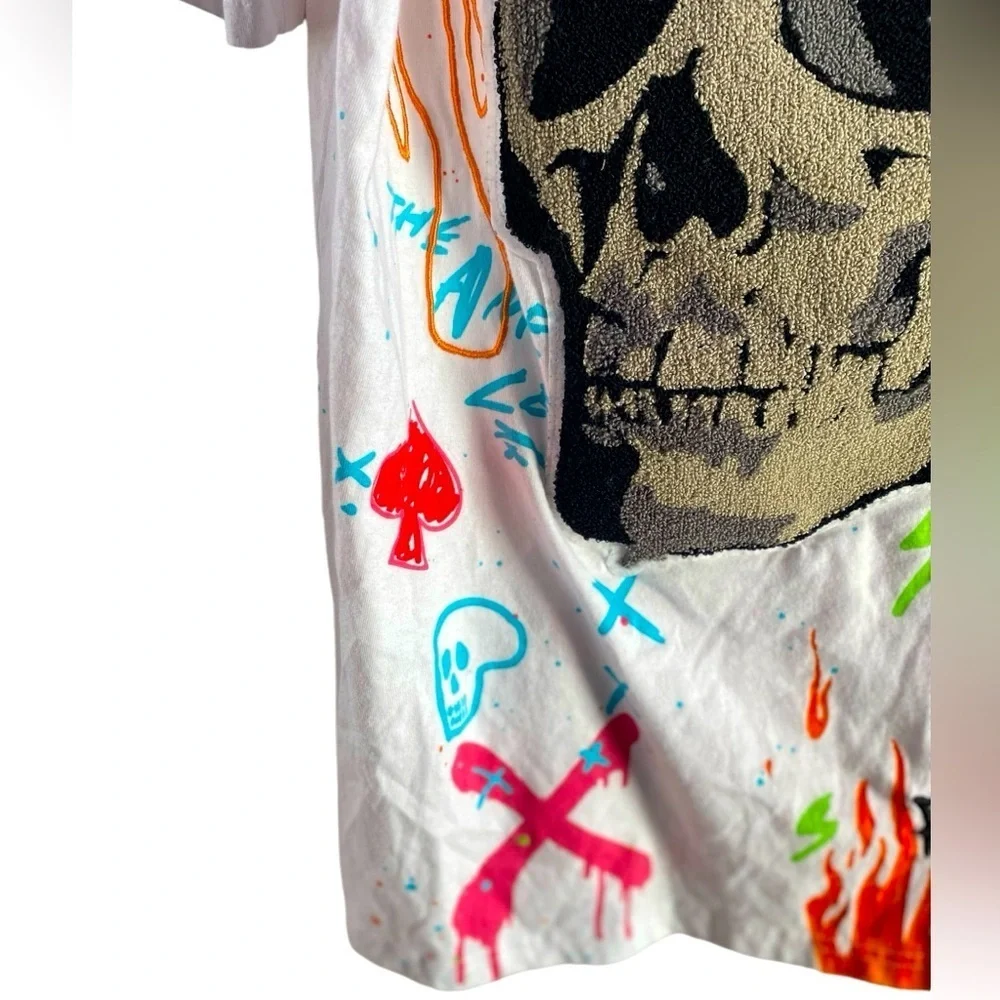 🌟  REASON skull shirt white multi color trip men’s Sz L Skeleton top resort - Picture 8 of 12